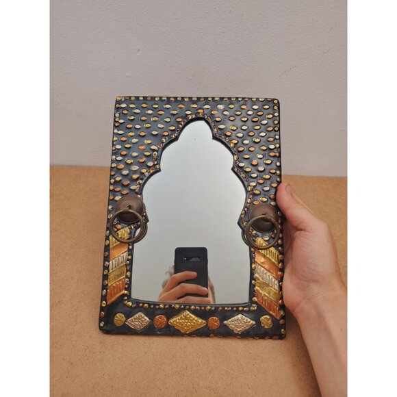 Vintage Moroccan Wall Hanging Mirror Brass Copper Silver Metal Glass One-Off - Picture 3 of 10